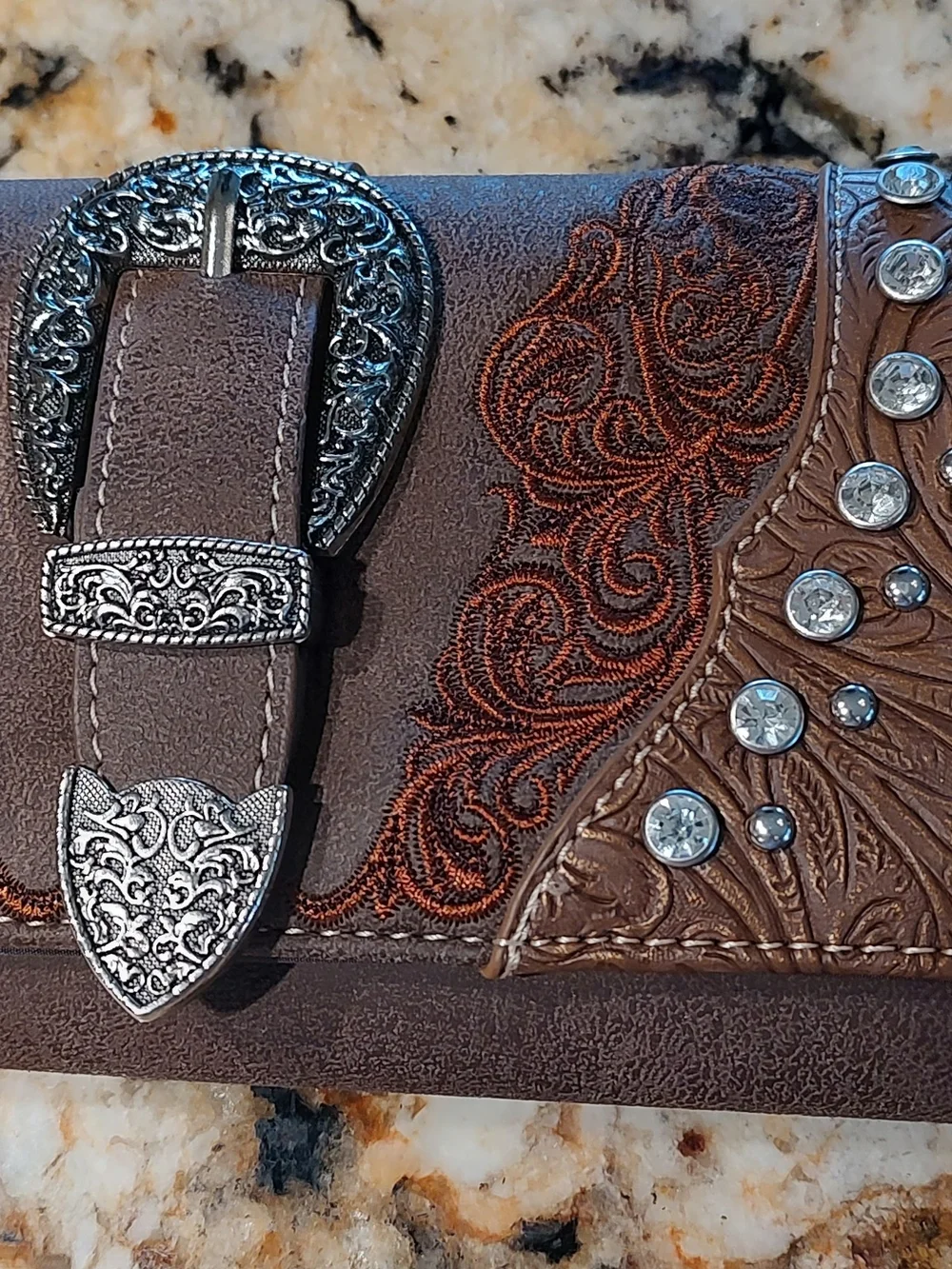 Montana West Brown Embossed Western Wallet with Silver Buckle and Rhinestones